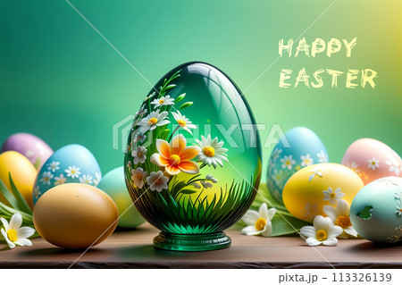 Easter greeting card, colorful Easter eggs 113326139