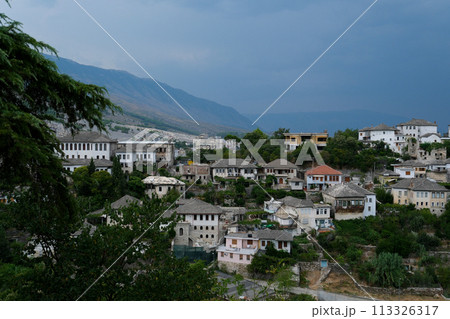 City of Gjirokaster in Southern Albania. Old Town is a UNESCO World Heritage Site. Closeup of Architectural Buildings. 113326317