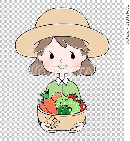 一位農婦微笑著拿著收穫的蔬菜的插圖 113326671