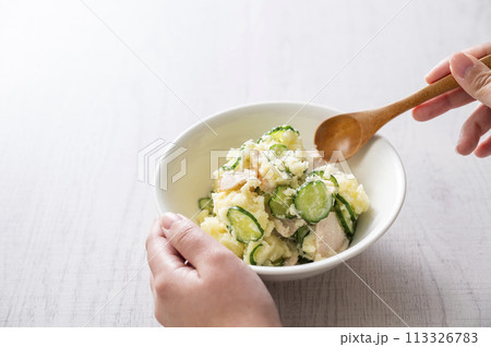 ポテトサラダを食べる女性の手 ポテトサラダを食べる女性の手 113326783