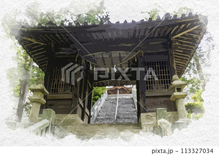 水彩画風　鴨神社　随身門　岡山県浅口市 113327034