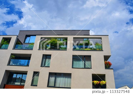 Modern architecture. Urban terrace with flowers and greenery. Urban house Modern architecture. Urban terrace with flowers and greenery. Urban house 113327548