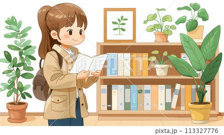 図書館を利用している若い女性