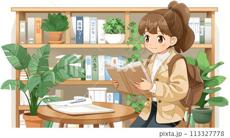 図書館を利用している若い女性