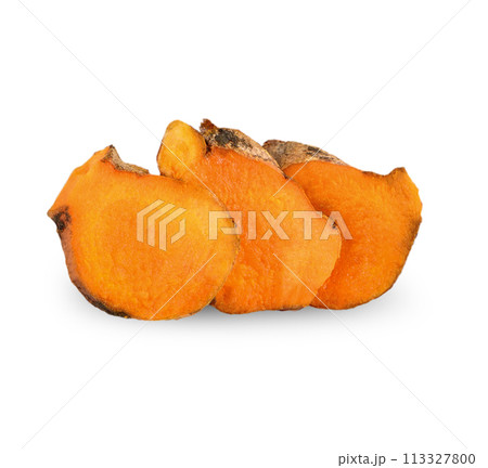 Fresh turmeric sliced isolated on white background Fresh turmeric sliced isolated on white background 113327800
