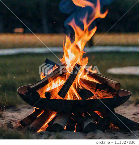キャンプ場での焚き火 113327830