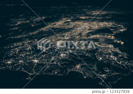 Nov 30 2023 Center of Tokyo in Japan night time aerial view from airplane Nov 30 2023 Center of Tokyo in Japan night time aerial view from airplane 113327856