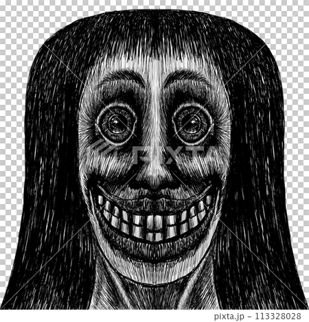 白黒の笑う目が怖い女性または幽霊 白黒の笑う目が怖い女性または幽霊 113328028