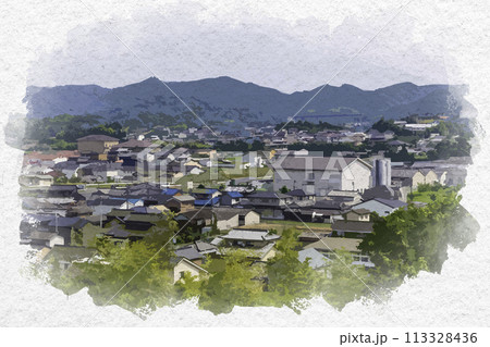 水彩画風　鴨方の街並み　岡山県浅口市 113328436