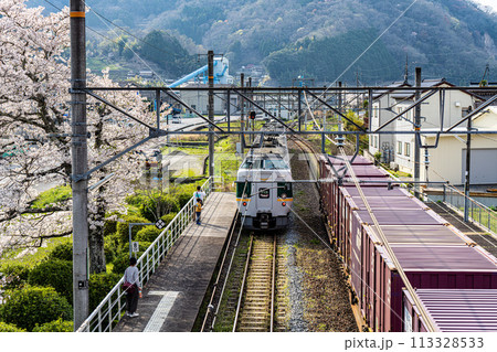 春の伯備線木野山駅を貨物列車とすれ違う381形特急やくも3 岡山県高梁市 春の伯備線木野山駅を貨物列車とすれ違う381形特急やくも3 岡山県高梁市 113328533