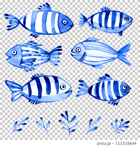 watercolor set with fish. children's simple drawing blue fish on a white background. doodle 113328684