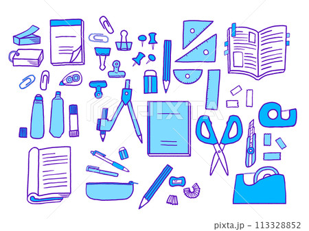 シンプルでポップな文房具のイラストセット 青 紫 シンプルでポップな文房具のイラストセット 青 紫 113328852