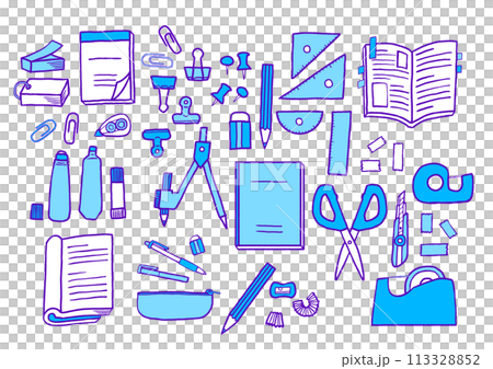 簡單流行的文具插畫套裝藍紫色 113328852