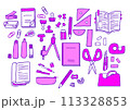 シンプルでポップな文房具のイラストセット　紫　ピンク 113328853