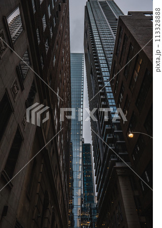 tall skyscrapers buildings looking up perspective, modern architecture of steel and glass, skyline of Toronto big city 113328888