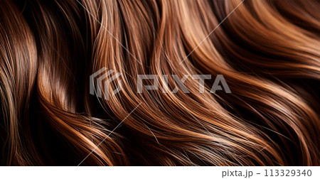 Brunette hair close-up as background. Women's long natural dark hair. Girl with wavy shiny curls - AI generated image Brunette hair close-up as background. Women's long natural dark hair. Girl with wavy shiny curls - AI generated image 113329340