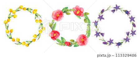 Set of wreaths of flowers with leaves.Round frame of camellia,tulip and bellflower.Botanical watercolor illustration.Hand drawn isolated art.Clipart for wedding invitations,cards,birthday.Vector. Set of wreaths of flowers with leaves.Round frame of camellia,tulip and bellflower.Botanical watercolor illustration.Hand drawn isolated art.Clipart for wedding invitations,cards,birthday.Vector. 113329486
