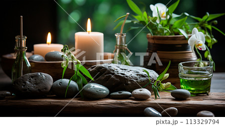 Wellness decoration, spa massage, oil on stone background. Zen, relaxation concept - AI generated image 113329794