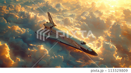 Launching a NASA spacecraft into space from Earth. Rocket flying to Mars, Moon, ISS - AI generated image 113329809