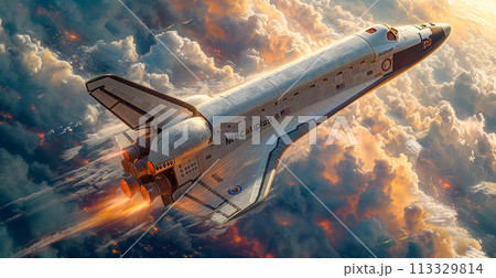 Launching a NASA spacecraft into space from Earth. Rocket flying to Mars, Moon, ISS - AI generated image 113329814