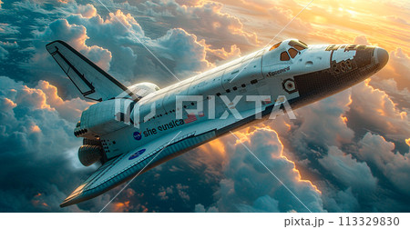Launching a NASA spacecraft into space from Earth. Rocket flying to Mars, Moon, ISS - AI generated image 113329830
