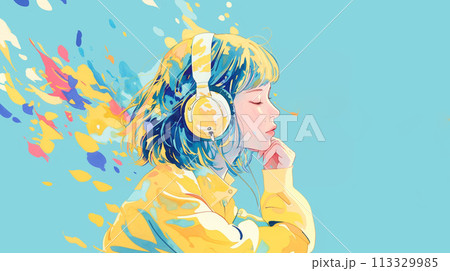 ヘッドフォンをして音楽を聴く女性 ヘッドフォンをして音楽を聴く女性 113329985