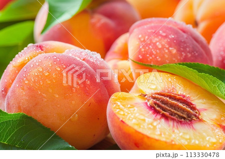 Fresh peaches with leaves on wooden table, close up, macro 113330478