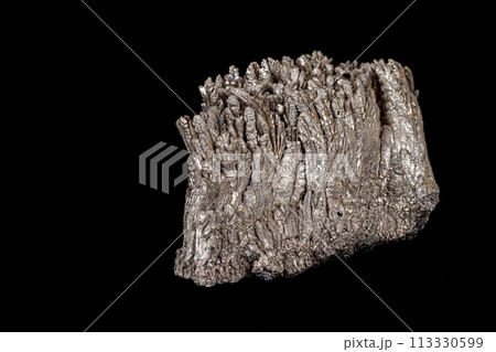 Macro of a stone Stibnite mineral on a black background Macro of a stone Stibnite mineral on a black background 113330599