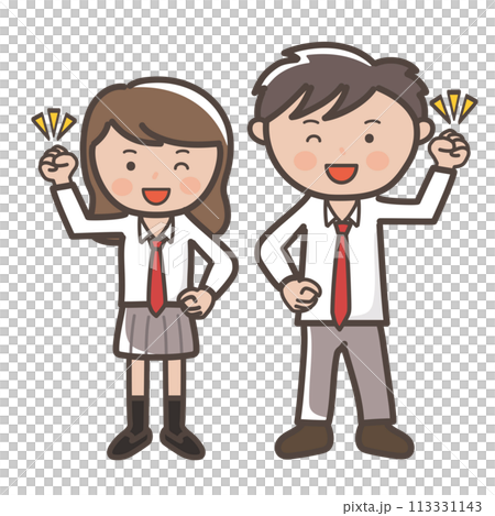 Illustration of a cute high school couple in uniforms making a vigorous fist pump 113331143