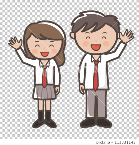 笑顔で挨拶をする制服姿のかわいい男女高校生カップルのイラスト 笑顔で挨拶をする制服姿のかわいい男女高校生カップルのイラスト 113331145