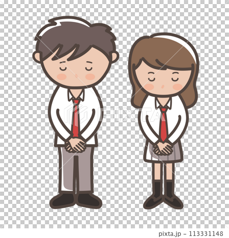 一對穿著制服的可愛男女高中夫婦低頭道歉的插圖 113331148