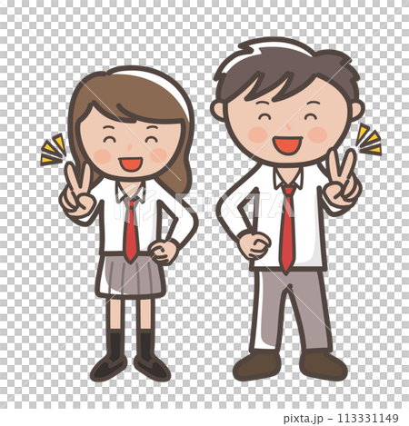 An illustration of a cute high school couple in uniforms making peace signs with big smiles 113331149
