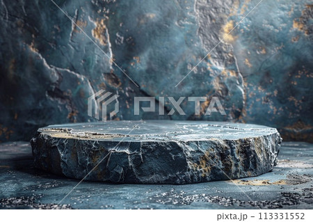 Empty marble stage on dark background. Mockup for product demonstration. Stone background. 113331552