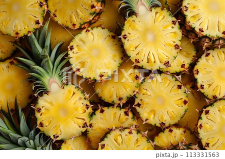 Pineapple fruit pattern. Top view of pineapple fruit background. Pineapple fruit pattern. Top view of pineapple fruit background. 113331563
