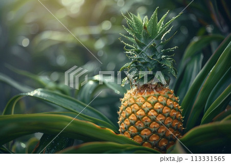 Pineapple fruit growing on the tree in the garden with sunlight. 113331565