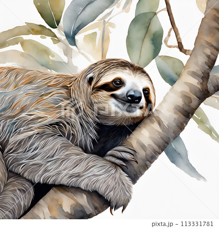 Watercolor and painting cute Sloth on branch tree. Jungle Animal Illustration 113331781