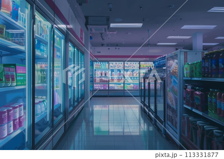 Frozen goods area in a supermarket, long refrigerated display cases with goods in the store 113331877