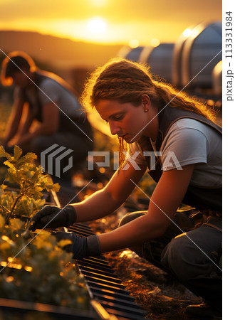 Caucasian businesswoman working in greenhouse and grow hydroponic vegetables. Agricultural engineer cultivating organic plants 113331984