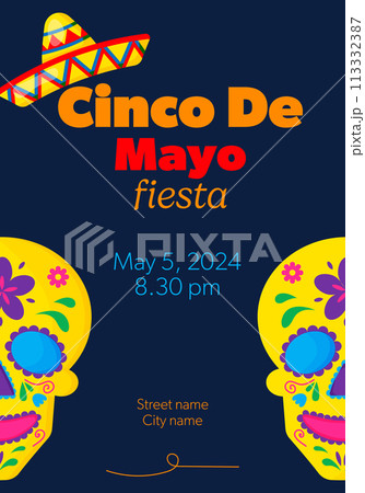Cinco de Mayo poster or flyer design template with cheerful decorated skull and sombrero - symbols of holiday. 113332387