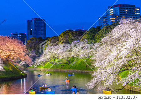 日本の東京都市景観 桜が満開。ボートで賑わうライトアップされた千鳥ヶ淵などを望む…＝令和6年4月7日 113332537