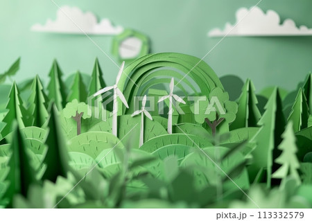 Paper cut , clean power energy, eco friendly concept , windmills in nature 113332579