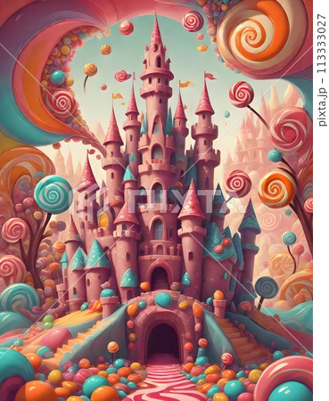 Enchanted Candy Castle with Rainbow Arch and Lollipop Gardens in a Magical Land, Generative AI 113333027