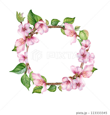 Watercolor circle frame with pink flowers of fruit tree isolated on white. Design template of floral frame with blossom branch hand drawn. Element for wedding invitation, packaging, label product 113333345