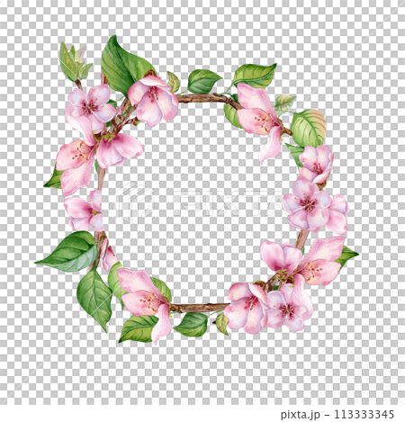 Watercolor circle frame with pink flowers of fruit tree isolated on white. Design template of floral frame with blossom branch hand drawn. Element for wedding invitation, packaging, label product 113333345