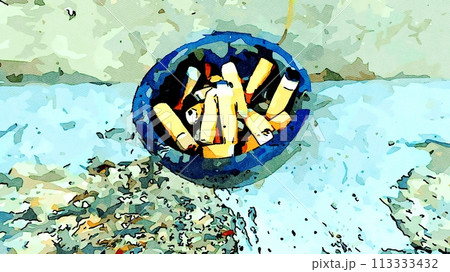 An ashtray full of spent butts on the ground along a wall. 113333432