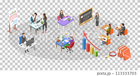 3D Isometric Flat  Conceptual Illustration of Team Collaboration In Office 113333703