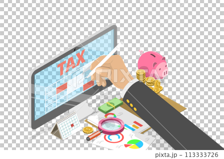 3D Isometric Flat  Conceptual Illustration of Online Tax Calculator 113333726