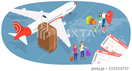 3D Isometric Flat  Conceptual Illustration of Airplane Trip 113333757