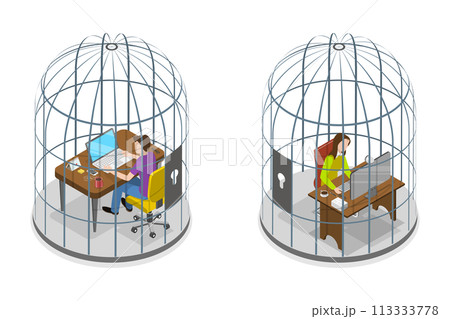 3D Isometric Flat  Conceptual Illustration of Man and Woman In Birdcage 113333778