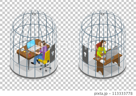 3D Isometric Flat  Conceptual Illustration of Man and Woman In Birdcage 113333778